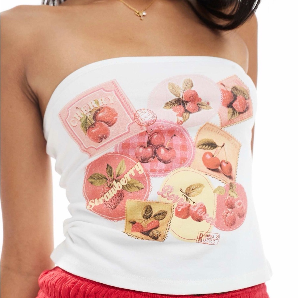 Miss Selfridge Cherry Graphic Bandeau Tube Top – White – Size M – Brand New